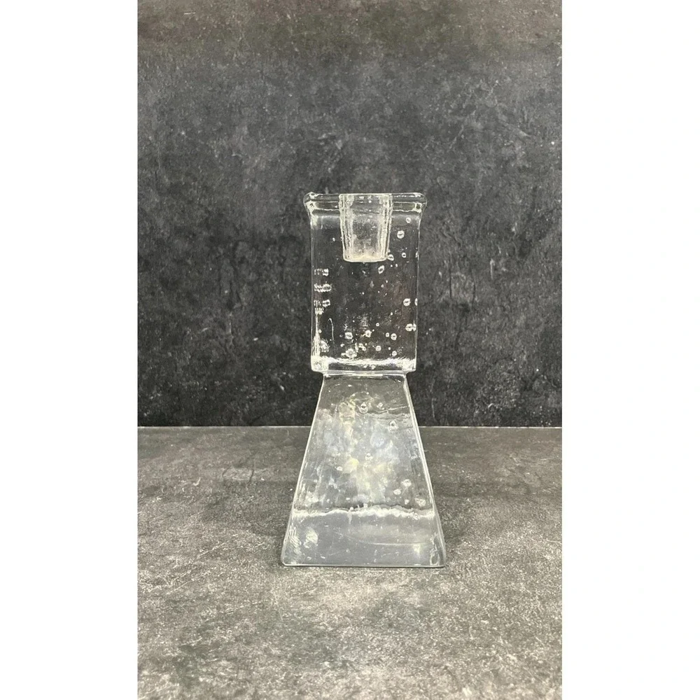 Scandinavian Ice Block Glass Candle Holder Brutalist Bubble Crystal MCM Vintage